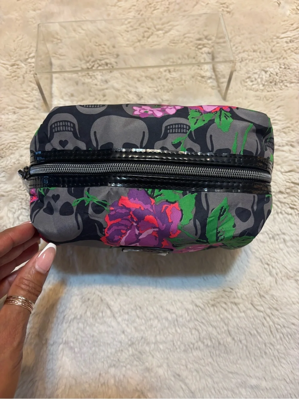 Betsey Johnson Skull Rose Floral Cosmetic Makeup Bag Goth Punk Y2K